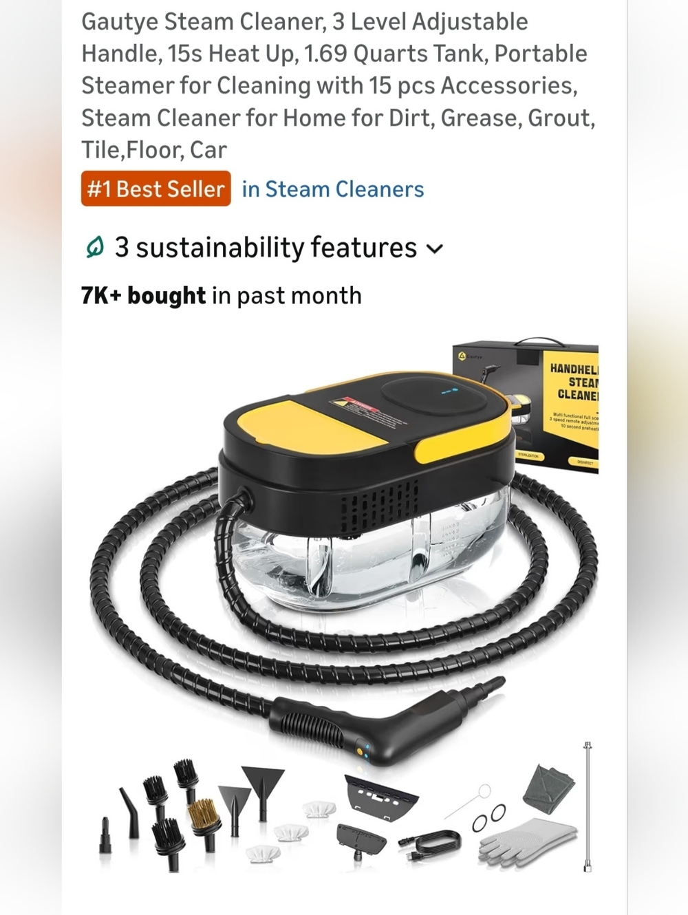 Handheld Steam Cleaner with Multiple Brush Attachments - Black & Yellow